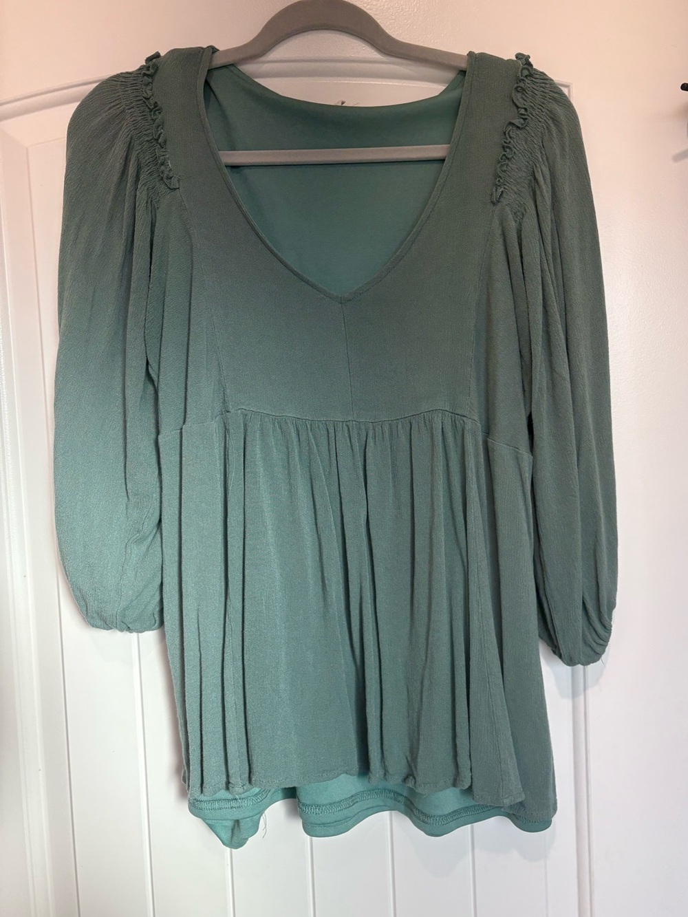 Jodifl Sage Green Babydoll Blouse Puff Sleeve V Neck Top S